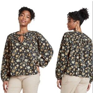 Universal Thread Boho Floral Long Sleeve Top Blue Tie Front Relaxed Fit Size XL